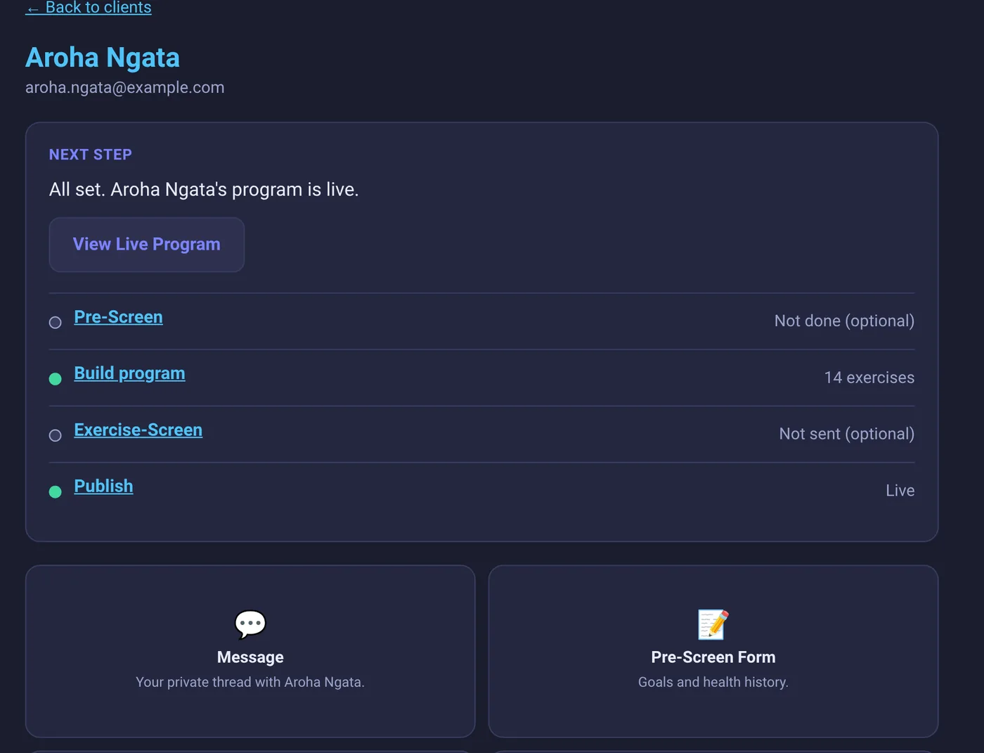 A client's page showing their next step and setup checklist.