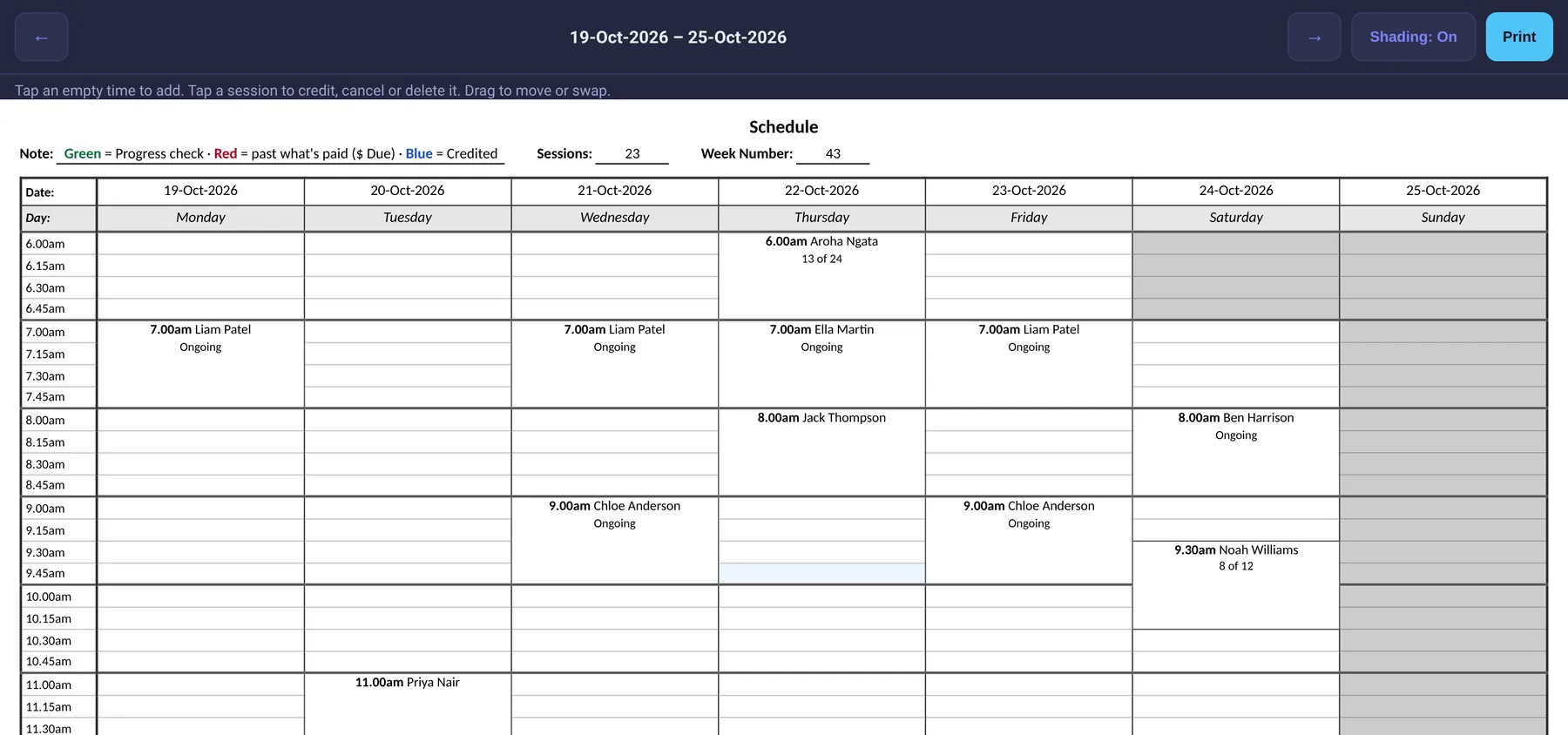The week sheet: a whole week of sessions on one page, with pack counts.